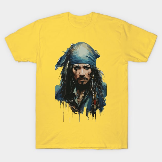 Pirate in Old Classic Costume with Furious Face in Ink Painting Style T-Shirt by diegotorres